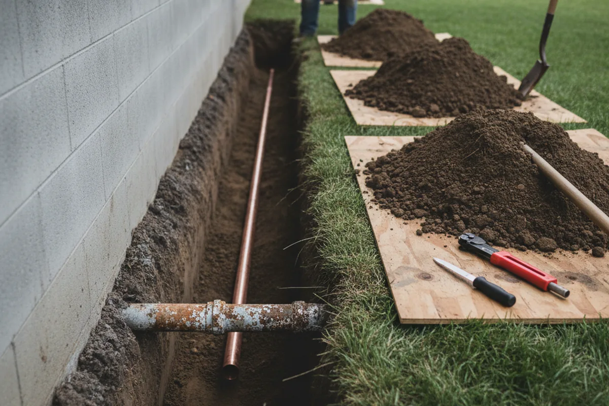 Excavated water line trench during Water Softener Installation in Lost Hills